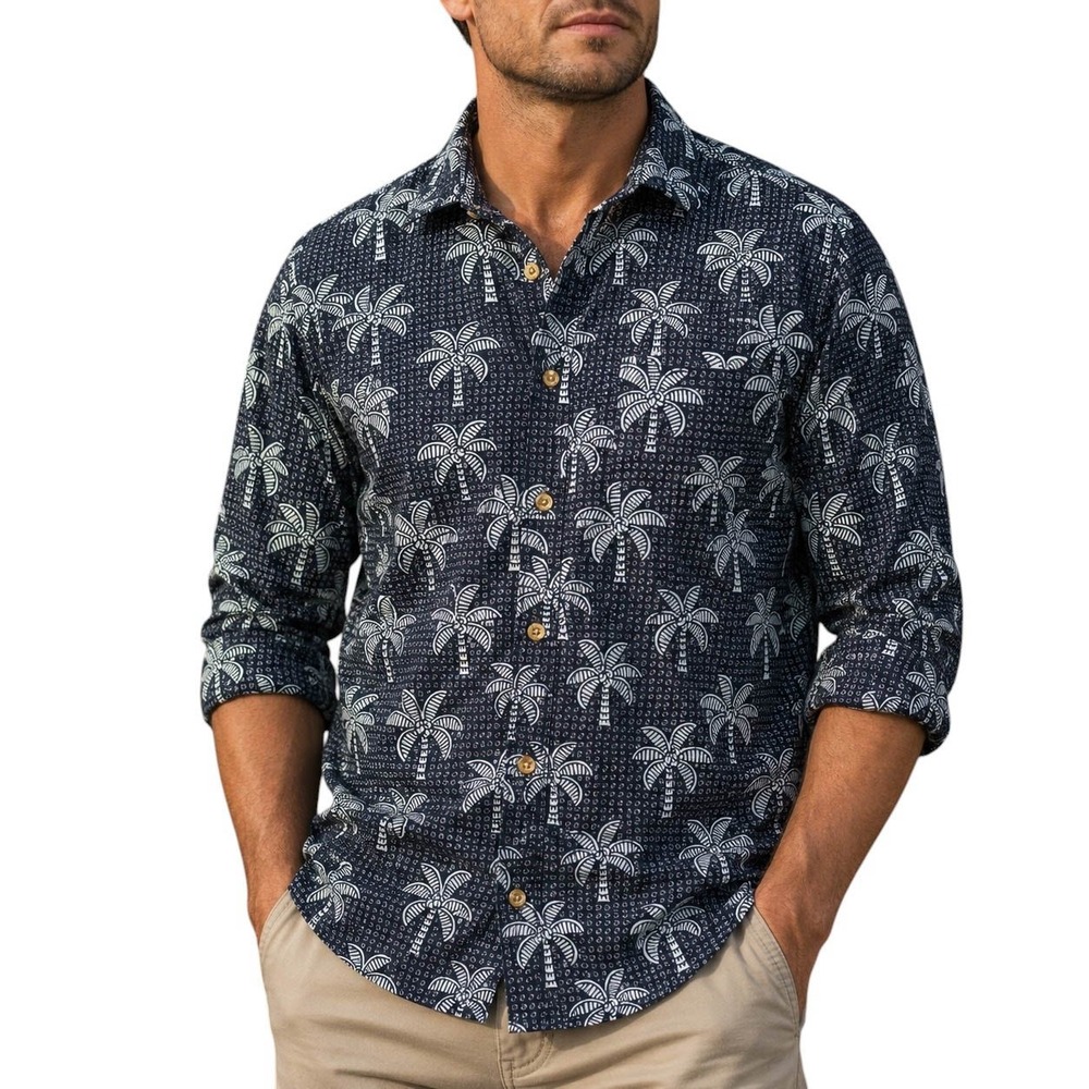 Cooke Street Mens Navy Blue Palm Tree Print‎ Hawaiian Button Down Shirt XL